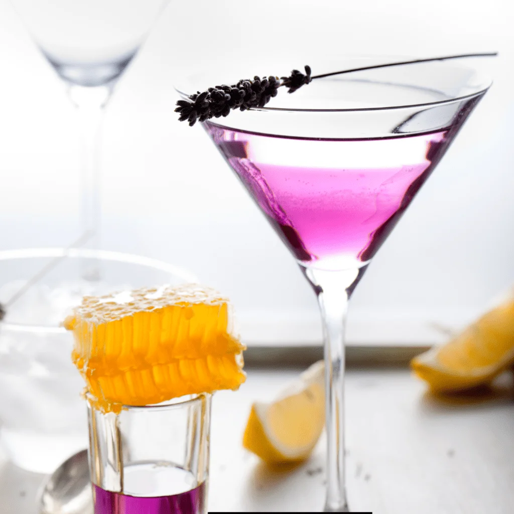 a glass of Lavender Martini topped with a lavender twig