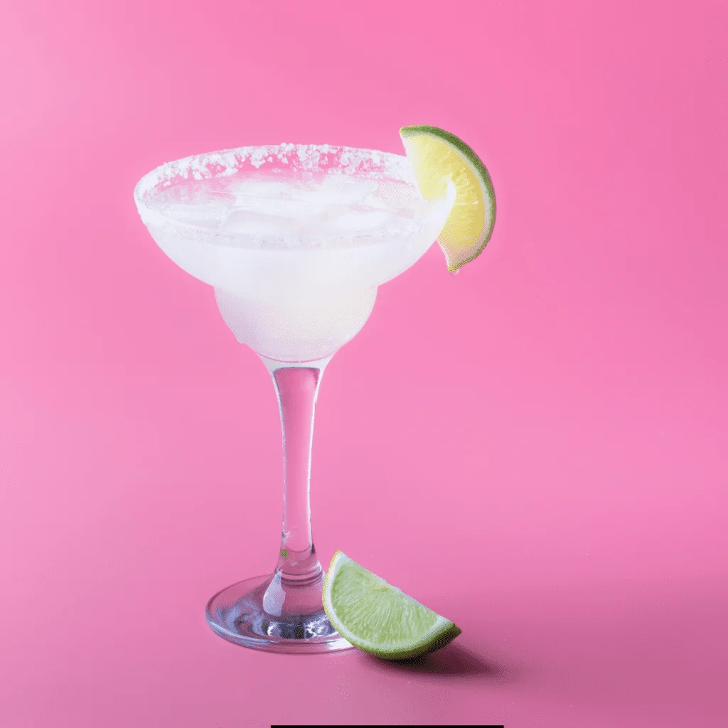 Tequila Daisy Cocktail with a lime wedge and salted rim on a pink background