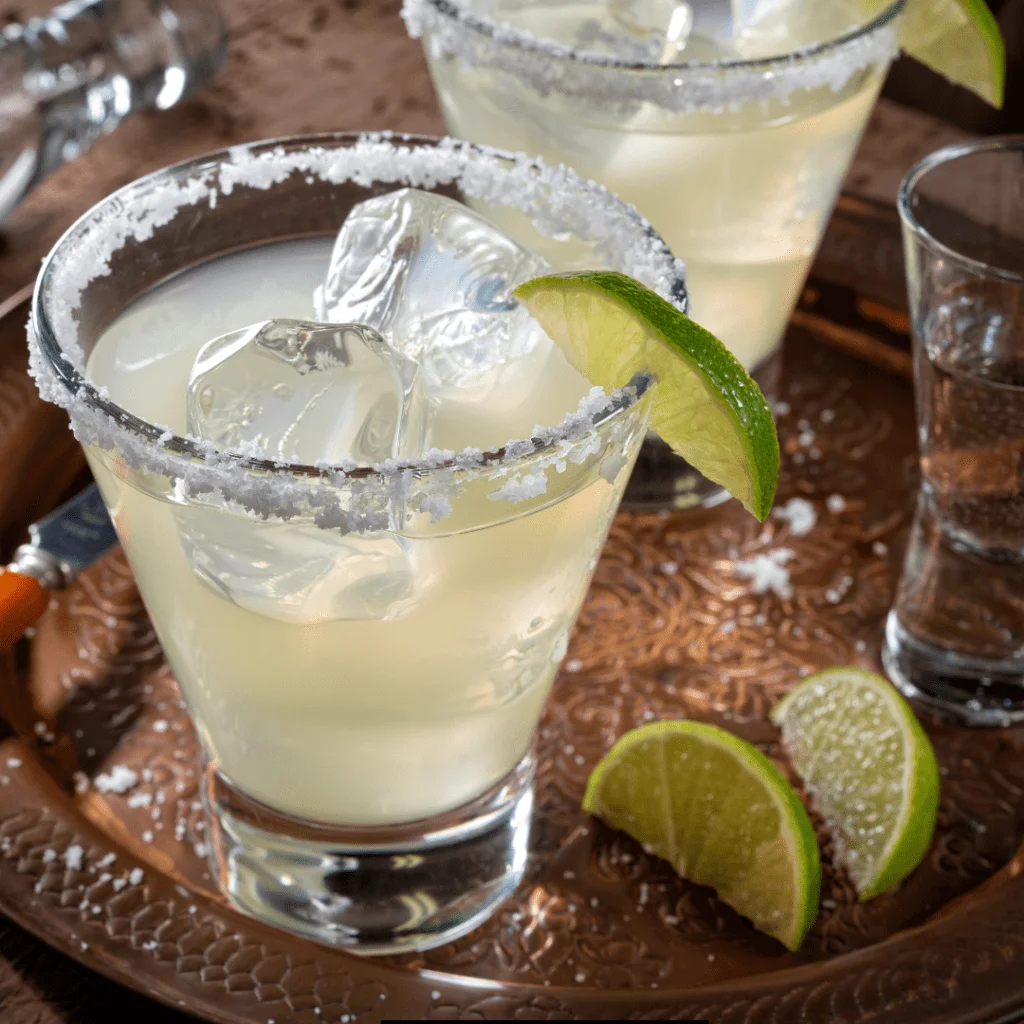 Tequila Daisy Cocktail with a lime wedge and salted rim