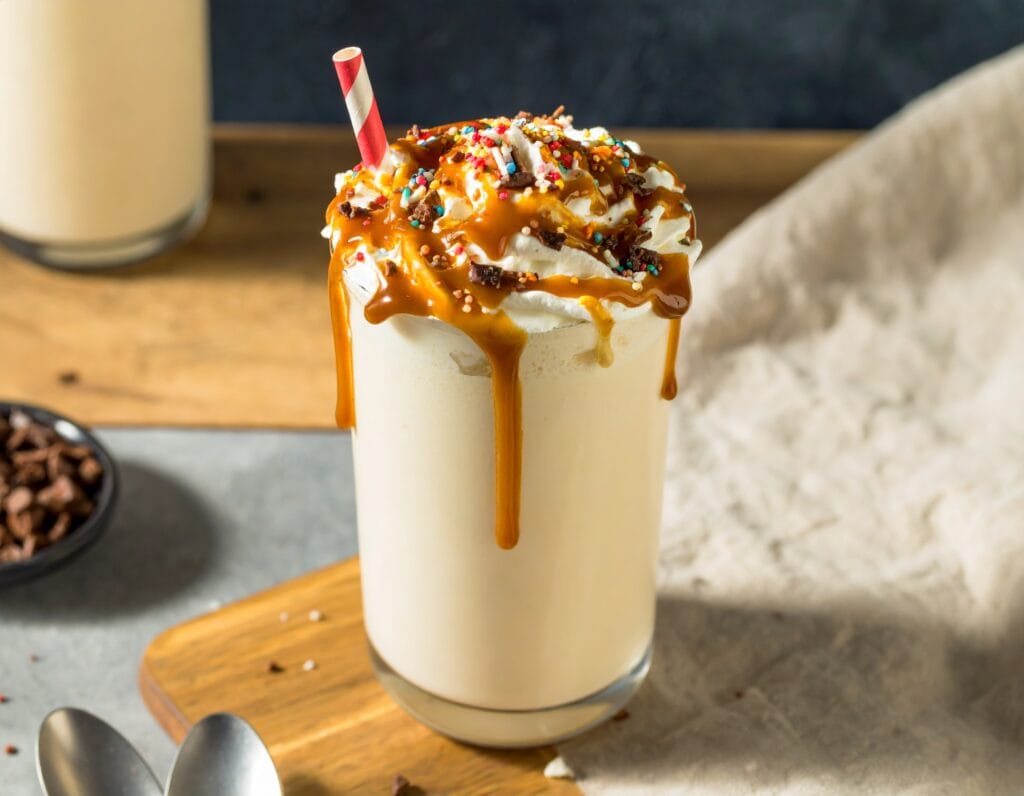 Homemade Hardee's Milkshake decorated with whipped cream, caramel and chocolate.