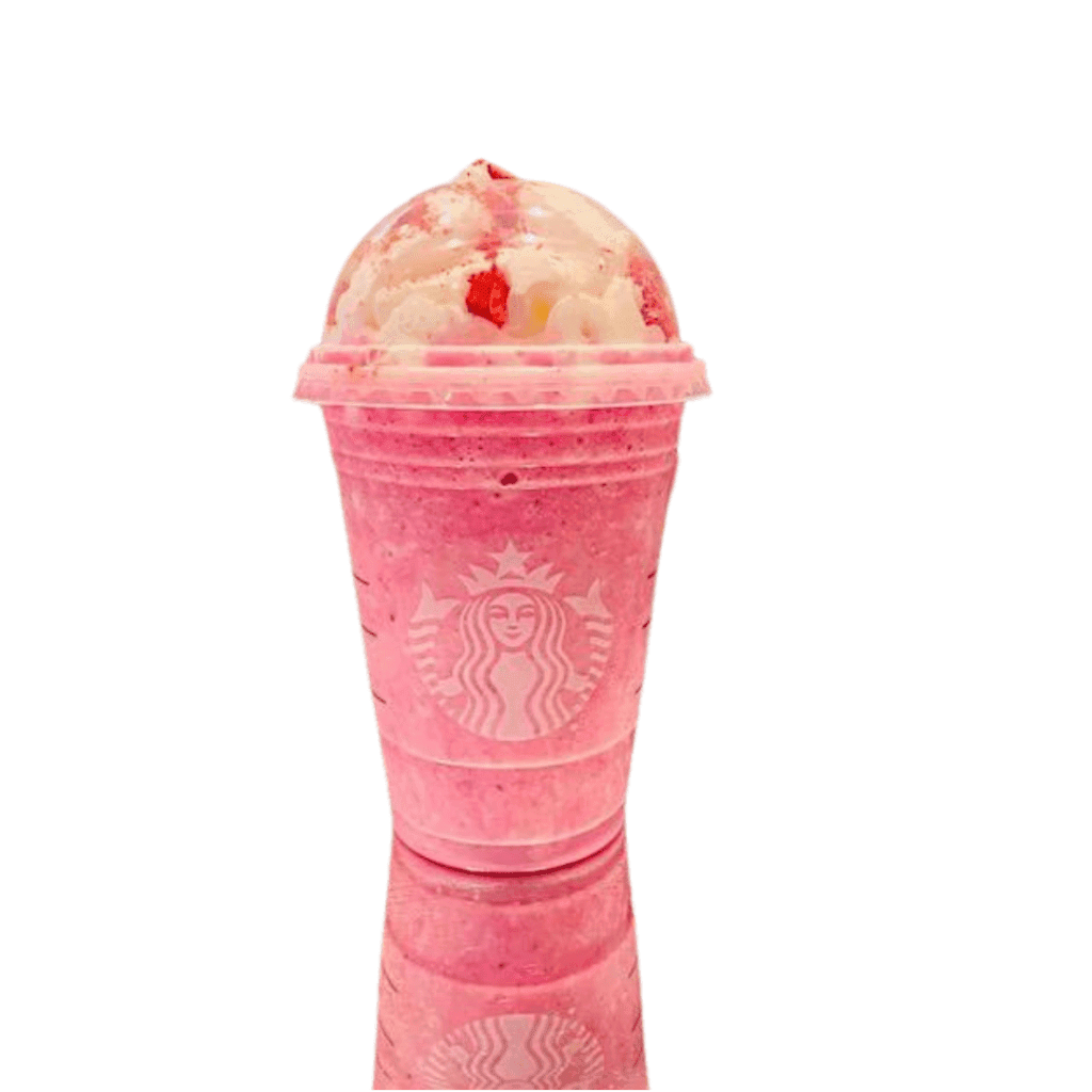 Pink strawberry and vanilla blended drink with whipped cream