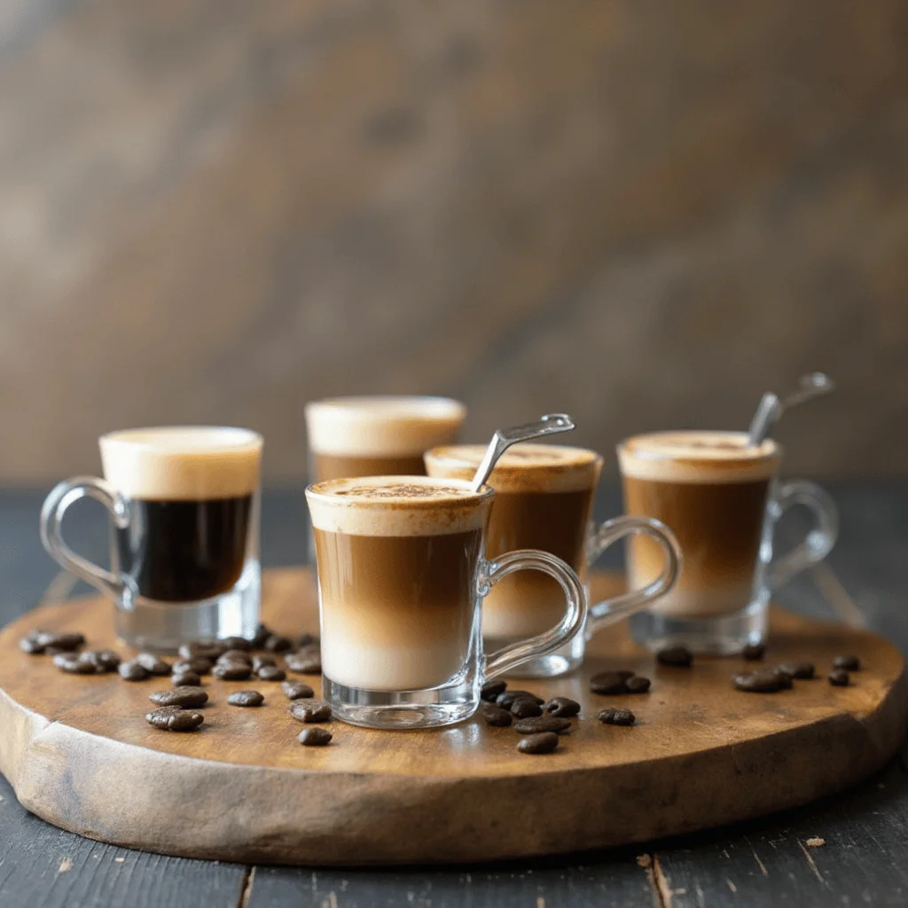 Glasses of Homemade Stok Espresso Shots served on a wooden tray with coffee beans .