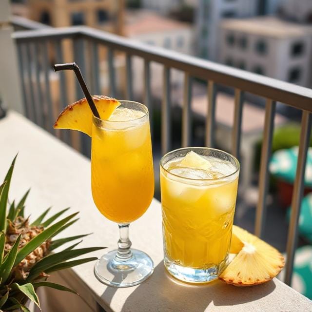 Two glasses of Hennessey Pineapple Cocktail in a balcony on a summer afternoon